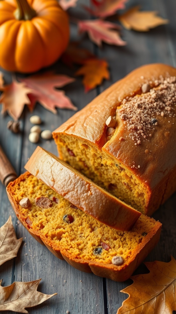 A loaf of gluten-free pumpkin bread sliced, showcasing its moist texture, surrounded by autumn decorations.